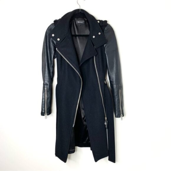 Aritzia Mackage Dale Wool Trench Coat Asymmetrical Leather Sleeves Black XXS - Picture 2 of 16